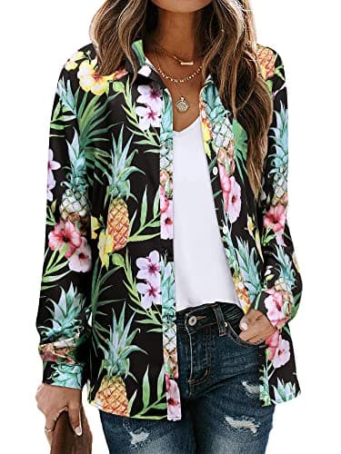 Ezcosplay Women Hawaiian Shirts Long Sleeve Button Down Tropical Floral Holiday Beach Blouse Tops Black