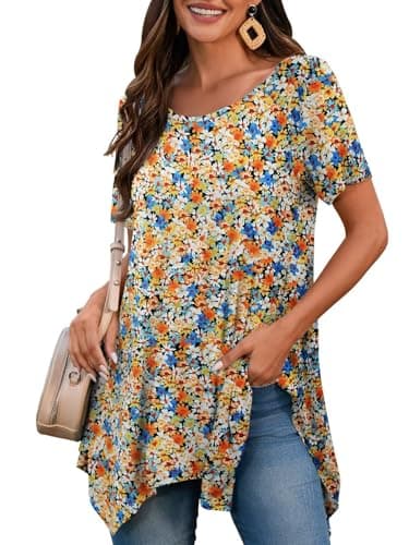 BELAROI Plus Size Tops for Women Summer Casual Tshirts Tunic Short Sleeve Loose Fit Outfits (Flower77, 2X)