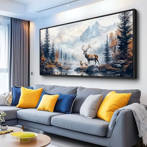 KELIYUAN Canvas Wall Art For Living Room Black Framed Wall Decor For Bedroom Office Prints Pictures Elk Foggy Mountain Landscape Painting Scenery Stretched and Framed Wall Art Home decor 20"X40"