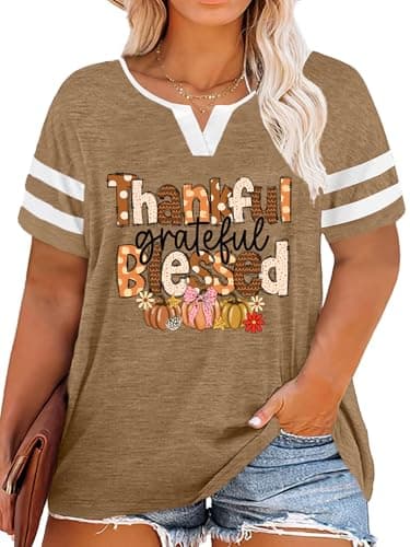 LHBNK Plus Size Thanksgiving Shirts Women Thankful Greatful Blessed T Shirt