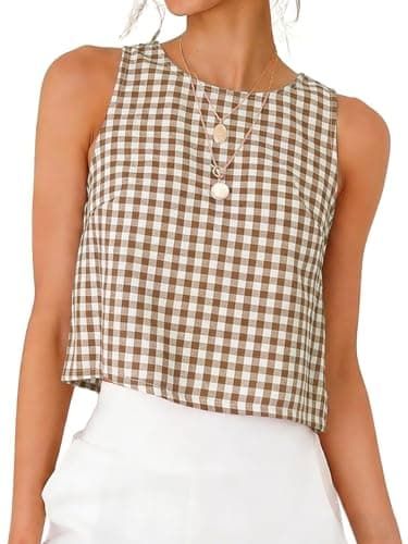 IDEALSANXUN Linen Tops for Women Spring Summer Clothes 2026 Cute Crop Sleeveless Plaid Shirts Blouses Gingham Top, Dark Khaki, S