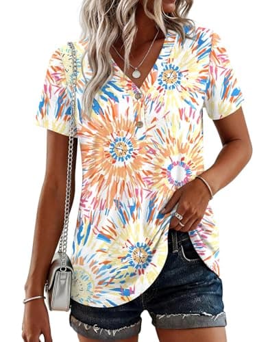 BISHUIGE Womens Henley Tunic Tops Button Up Tshirts Short Sleeve Vneck Casual Blouses, 3XL, Colorful Fireworks