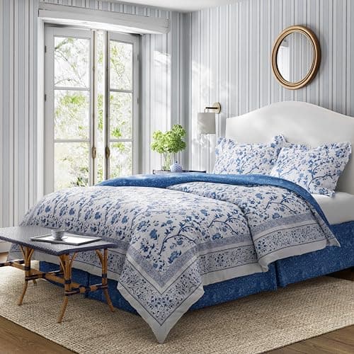 Laura Ashley - Full Comforter Set, Soft & Reversible Cotton Bed Set, 4 Piece Floral Bedding with Matching Pillowcases & Bonus Bed Skirt (Charlotte Blue)