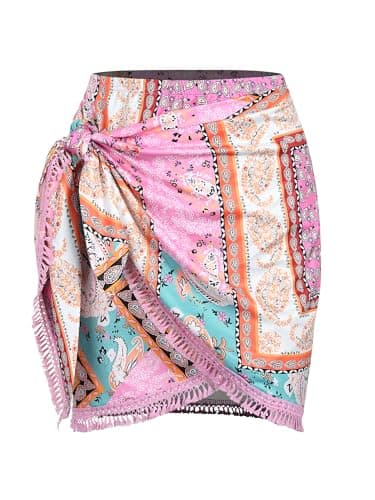 ZAFUL Slit Skirt for Women Ethnic Paisley Printed Tie Side Sarong-Style Bodycon Mini Short Skirt for Beach Night Out Party(Boho-Pink,S)