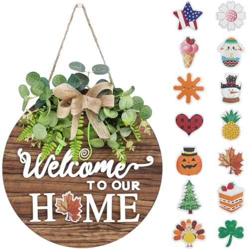 Interchangeable Seasonal Welcome Sign Front Door Decor, 12 Inch Round Wood Wreaths Wall Hanging Indoor Outdoor, Farmhouse, Rustic, Porch, for Spring Summer Fall All Seasons Holiday Home Decoration