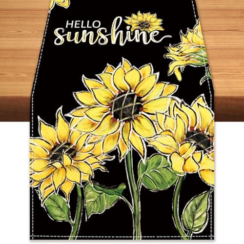 Cloudfomila Summer Hello Sunshine Sunflower Table Runner Farmhouse Burlap Table Runners, Spring Bold Floral Seasonal Coffee Table Center Decor for Home Kitchen Dining Party Indoor Outdoor 13x72 Inch