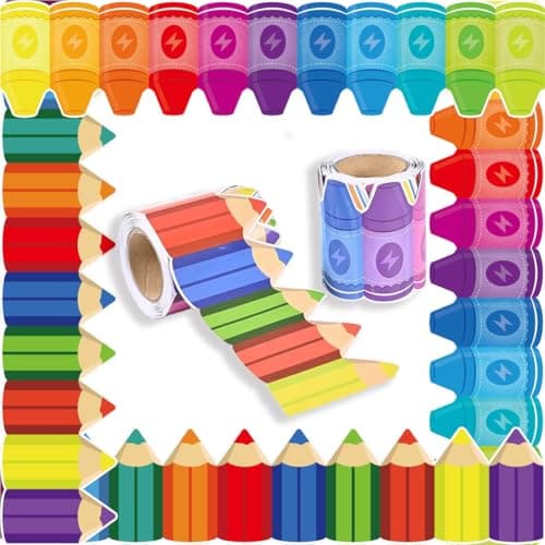 Runtoo 52 Feet Bulletin Board Borders Crayon and Pencil Die-Cut Rolled Boho Rainbow Border Decorations Scalloped Trim for Teacher Classroom Back to School Supplies Wall Desk Window Door Decor