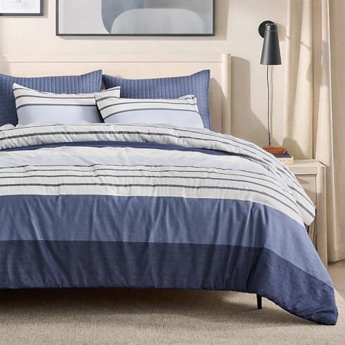 Wonderful Cotton Comforter Set Queen Size, 3-Piece Blue Classic Stripe Yarn Dyed Bedding, Ultra-Soft Breathable Fluffy Lightweight Comforter for All Season, Modern Farmhouse Bedspread for Household