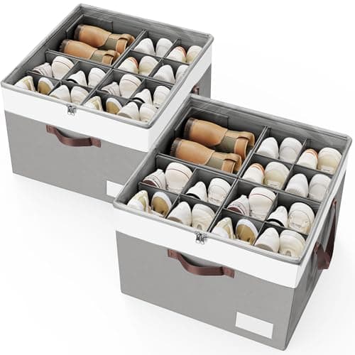 Criusia Shoe Organizer for Closet, 2 Pack Foldable Shoe Storage Organizer Box Bin with Adjustable Dividers and Clear Cover, Closet Shoe Storage for Sneakers Sandals Boots, Fit 16-32 Pairs, Gray
