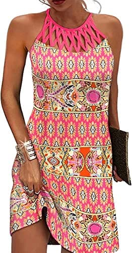 Size M Bohemia Pink Summer Dresses for Women 2026 Casual Floral Hollow Out Halter Neck A-line Beach Vacation Holiday Sundresses with Pockets