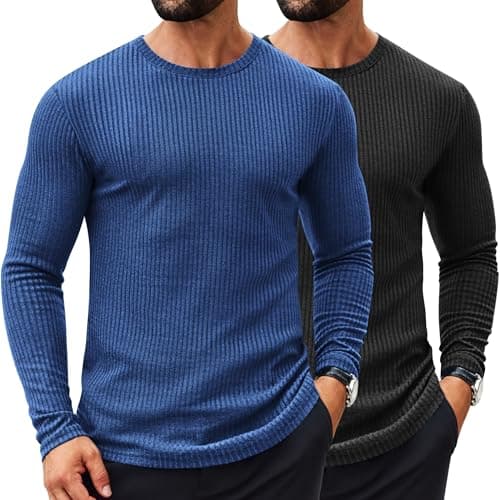 COOFANDY Men's 2 Pack T-Shirt Long Sleeve Ribbed Slim Fitted Tee Shirts Casual Crewneck Sweater Black/Dark Blue