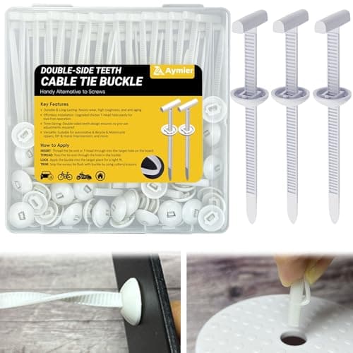 50Pcs Nylon Universal Cable Tie Buckles, 2026 Upgraded Heavy Duty Automotive Zipper Clips, Double-Side Self-Locking T Rivet Zip Ties for Car Repairs, Garden, Workshop & Goods Shelves (White)