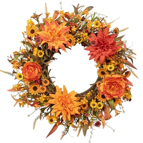 J'FLORU 22 Inch Artificial Fall Wreath Autumn Wreaths for Front Door Thanksgiving Wreath with Peony Dahlia Daisy Flowers for Thanksgiving Day Harvest Festival Wall Porch Indoor Outdoor