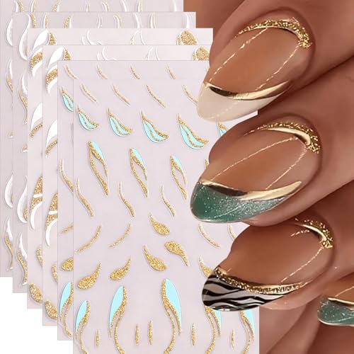 6Pcs Gold French Nail Art Stickers,Glitter Golden Foils Nail Stickers 3D Nail Decals DIY Self Adhesive Bling White Lines Design Sticker Nail Decoration for Women Manicure Accessories