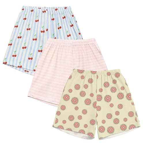 Marvmys Soft 3 Pack Lounge Shorts for Women Lightweight Elastic Waist Sleepwear Pj Bottoms Cherry,Stripe,Donut L