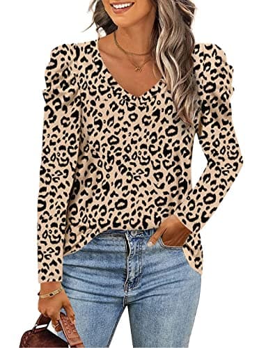 LCXWFE Womens Tunic Tops Puff Sleeve Casual V Neck Long Sleeve Shirts Solid Color S-2XL