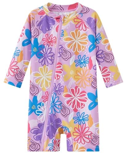 UMELOK Baby Girls' One Piece Swimsuit Infant Swimwear Rash Guard Swim Suit Full Zip with Long Sleeve UPF 50+ Sun Protection Swimsuit Multicolored Daisies,3M