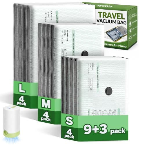 9+3 Packs Vacuum Bags for Travel with Rechargeable Pump, 3 Sizes Heavy Duty Vacuum Seal Bags for Clothing, Compression Vacuum Travel Bags for Luggage, Vacuum Packing Bags for Closet Organization