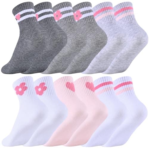 Yshvigo 6 Pairs Kids Girls Crew Athletic Socks with Hearts Striped Flower Soft Cotton School Casual Sock for Girls Boys,3-5