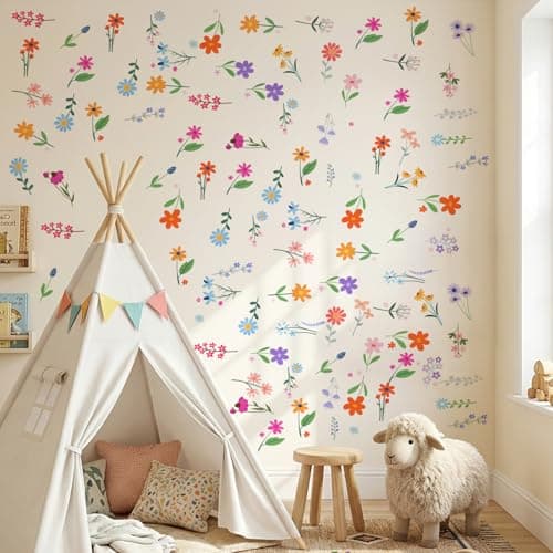 Flower Wall Decals 8 Sheets 102 Pcs Spring Floral Wall Decals Wildflower Floral Wall Stickers Removable Peel and Stick Decals for Walls Bedroom Nursery Living Room Decor