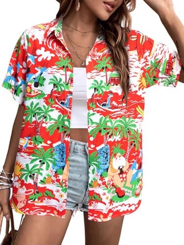Christmas Hawaiian Shirt Women Christmas Santa July December Xmas Holiday Funny Graphic Button Down Short Sleeve Shirts for Women Red