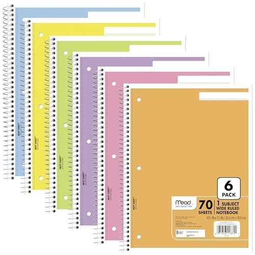 Mead Spiral Notebook, 6 Pack, 1 Subject, Wide Ruled Paper, 7-1/2" x 10-1/2", 70 Sheets per Notebook, Assorted Pastel Colors (930050-ECM)