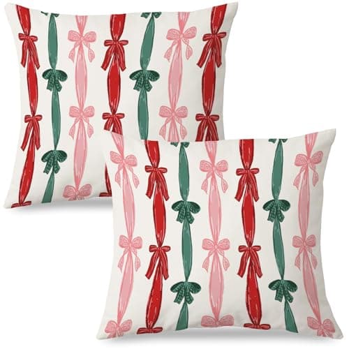 JINYO Retro Red and Green Christmas Ribbon Bow Pillow Covers 18x18, Coquette Christmas Decor, Preppy Red Green and Pink Xmas Throw Pillow Covers for Home Living Room Bedroom Set of 2