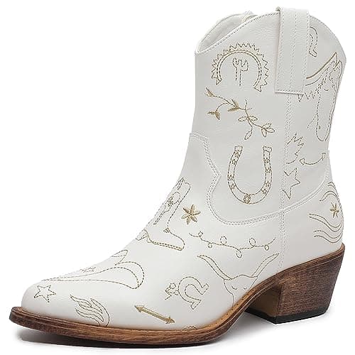 GLOBALWIN White Cowboy Boots For Women Cowgirl Boots With Floral Embroidery Western Pointed Toe Boots Ankle Mid Calf Side Zipper Chunky Low Heel Size 6.5M