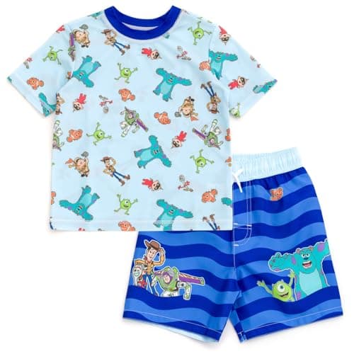 Disney Pixar Toy Story Incredibles Monsters Inc. Toddler Boys UPF 50+ Rash Guard & Swim Trunks Set Light Blue 4T