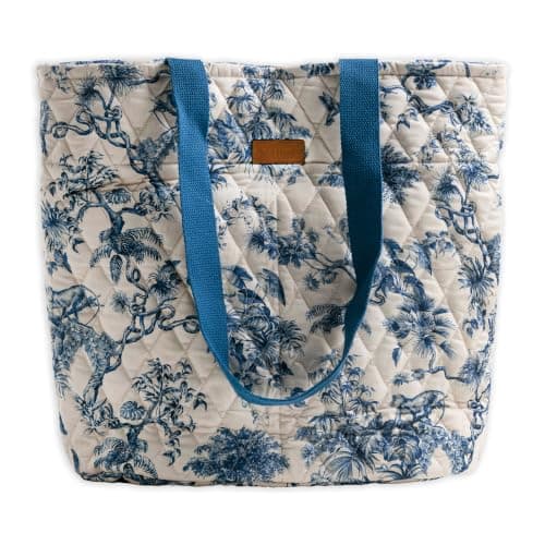 Maison d' Hermine Shopping Bags Cotton Quilted Tote Bag with Zipper Pockets & Small Pouch Reusable Shoulder Grocery Bag for Gift Beach Travel Perfect for Men Women Spring Summer (Bonobo - Blue)