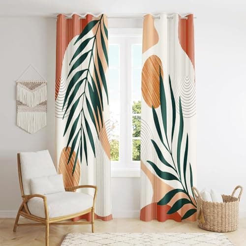 ZYLLGLOW Mid Century Modern Curtains Set Thick Cotton Boho Curtain Blackout for Bedroom Bohemian Style Decor Window Leaf Print Classical Drapes for Living Dining Room, 2 Panels, W52×63L