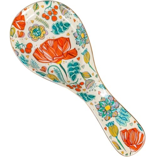 Ceramic Spoon Rest for Stove Top, Vintage Floral Spoon Holder Utensil Rest, Cute Flower Golden Rim Spoon Rests for Coffee Bar Kitchen Counter Decorative Cooking Gift for Housewarming (F-01)