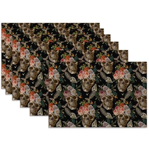 Halloween Sugar Skulls Placemats Set of 6 Linen Heat Resistant,Vintage Roses Table Mats Washable Rustic Place Mats Decoration for Home Kitchen Dining Room Party 12x18 Inch