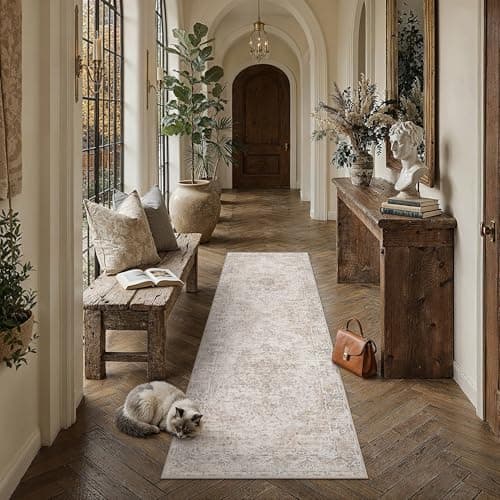 HUGEAR Hallway Runner Rugs 2x6 Washable Rug Beige Vintage Rug Carpet Low Pile Non Slip No Shedding Soft Durable Indoor Bedroom Kitchen Home Decor Floor Mat