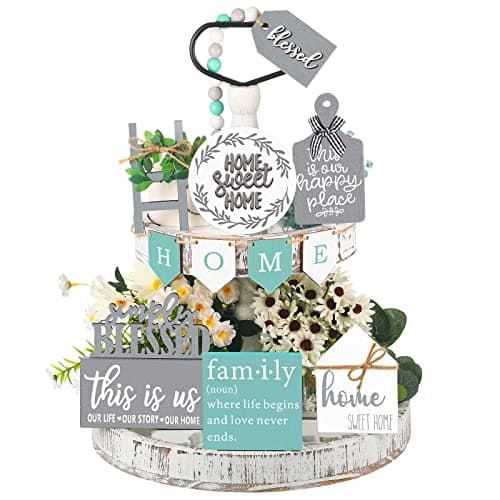 Two Tiered Tray with 11 Pcs Wooden Signs, Farmhouse Tiered Tray Decor Set Rustic Wood Home Kitchen Table Stand Decor Decorative Table Shelf Centerpiece(Fresh Style)