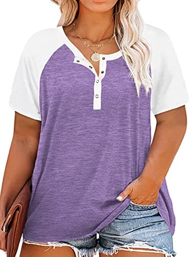 Womens Plus Size Raglan Shirt Short Sleeve Color Block Tunics Top Purple 24W