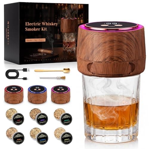 Electric Whiskey Smoker Kit Bundle with Premium Wood Chips Refill 6 Flavor– Rechargeable Cocktail Smoker Set for Bourbon, Whiskey & Old Fashioned
