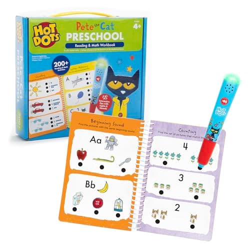 Educational Insights Hot Dots Pete The Cat Preschool Reading & Math Workbook - Preschool Workbooks with Interactive Pen, Homeschool Learning Books, Build Toddler Reading & Math Skills, Ages 4+