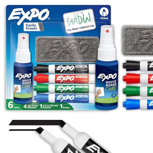EXPO Dry Erase Markers Kit, Chisel Tip, Assorted Colors, Eraser, Spray Cleaner, 6 Count - Whiteboard, Calendar, Office Essentials, School, Classroom, Teacher Supplies