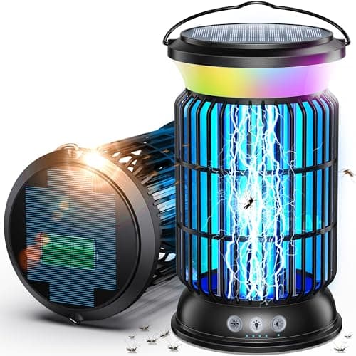 Solar Bug Zapper Outdoor for Patio & Camping, 4-in-1 Rechargeable Mosquito Zapper with 6000mAh Battery, Auto Dusk-to-Dawn, Waterproof Cordless Bug Zapper for Backyard, Garden & RV