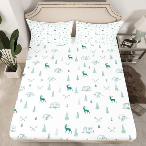 Camper Car Tent Fitted Sheet Twin Size,Deer Pine Tree and Lake Boat Paddle Print Bedding Set Kids Boys Girls Adult Room Decor,Camping Hunting Bed Sheets White Green Deep Pocket Sheet,1 Pillowcase