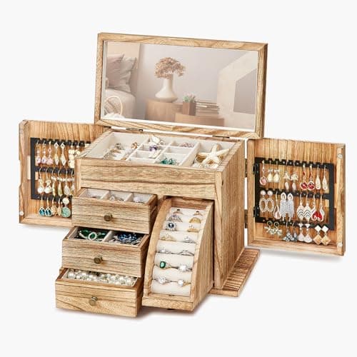 Poyilooo Jewelry Box Organizer, Solid Wood Jewelry Boxes for Women, Mirror