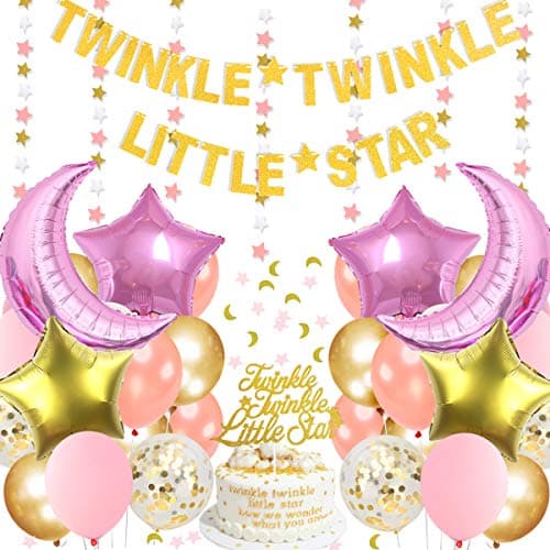 Twinkle Twinkle Little Star - Baby Shower or Birthday Party Decorations for Girl, Moon and Star Balloons Bouquet Paper Garland Confetti Pink and Gold