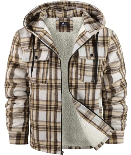ZITY Mens Flannel Hooded Jacket Fleece Sherpa Lined Plaid Zip Up Sweatshirt