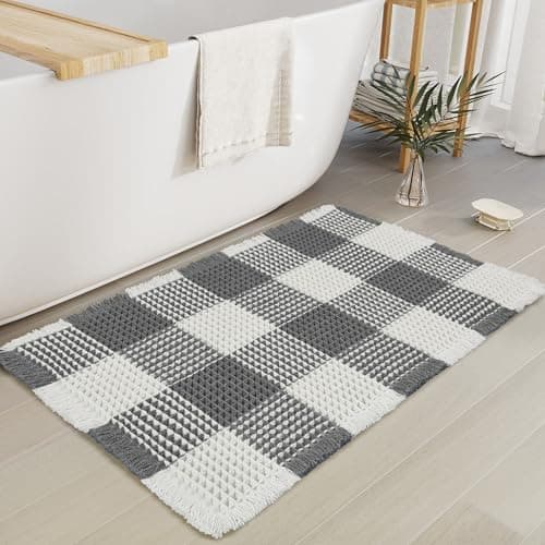 Arenarug Checkered Waffle Bath Mat, Super Absorbent Boho Farmhouse Bathroom Rugs Non Slip Washable, Ultra Soft Bath Rugs Mats with Tassels for Bathroom Floor, Grey White, 18"x30"