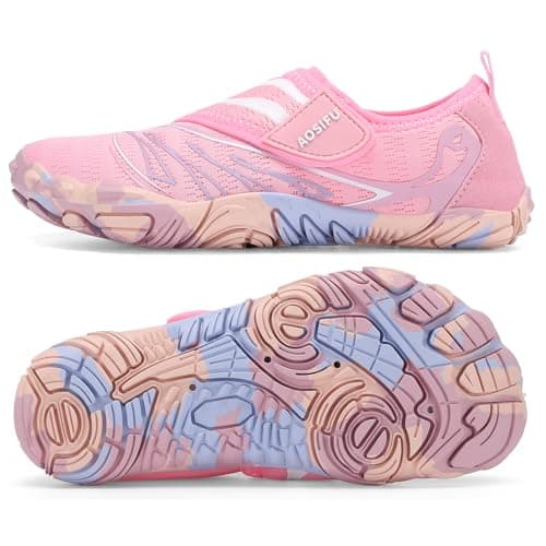 AoSiFu Kids Water Shoes Boys Girls Swim Hiking Aqua Socks Quick Dry Beach Barefoot Shoes Walking Sneakers Little Big Kid 1711-Pink, 38