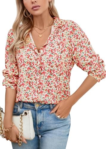 COUXILY Button Down Shirts Floral Blouse Long Sleeve Blouses for Women Dressy Button-Down Business Casual Fashion Boho Tops Work 90s Outfits 17 S