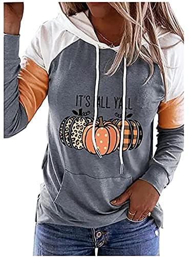 Susongeth It's Fall Y'all Kangaroo Pocket Hoodie Women Thanksgiving Leopard Plaid Pumpkin Long Sleeve T-Shirt Fall Pullover Shirt (Grey, XX-Large)