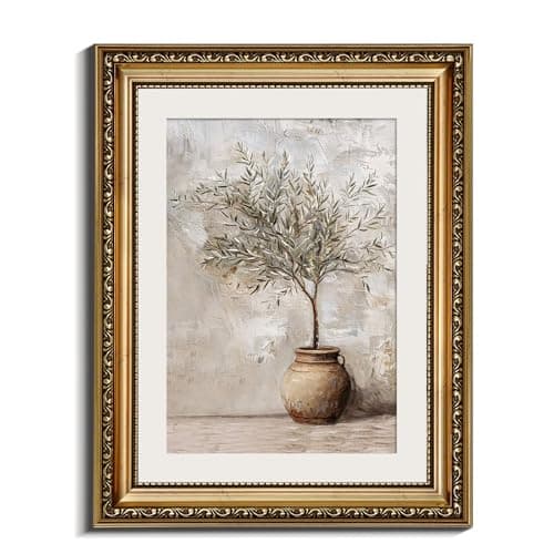 InSimSea Retro Gold Framed Wall Art, Vintage Olive Tree in Vessel Home Wall Decor, Canvas Print Artwork, Farmhouse Country Decor, Antique Picture Frame Still Life Botanical Paintings, 11x14 Inch