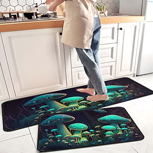 Green Magic Mushroom Kitchen Rugs Set of 2, Dark Forest Mushroom Water Absorbent Non Slip Kitchen Floor Mats, Farmhouse Runner Rug for Sink Laundry Room Decor, 17"x30"+17"x47"